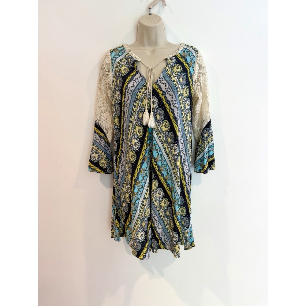 Umgee Tunic Mini Dress Sz S Babydoll Lace Bell Sleeve Blue Boho Peasant Flowy - Picture 2 of 8